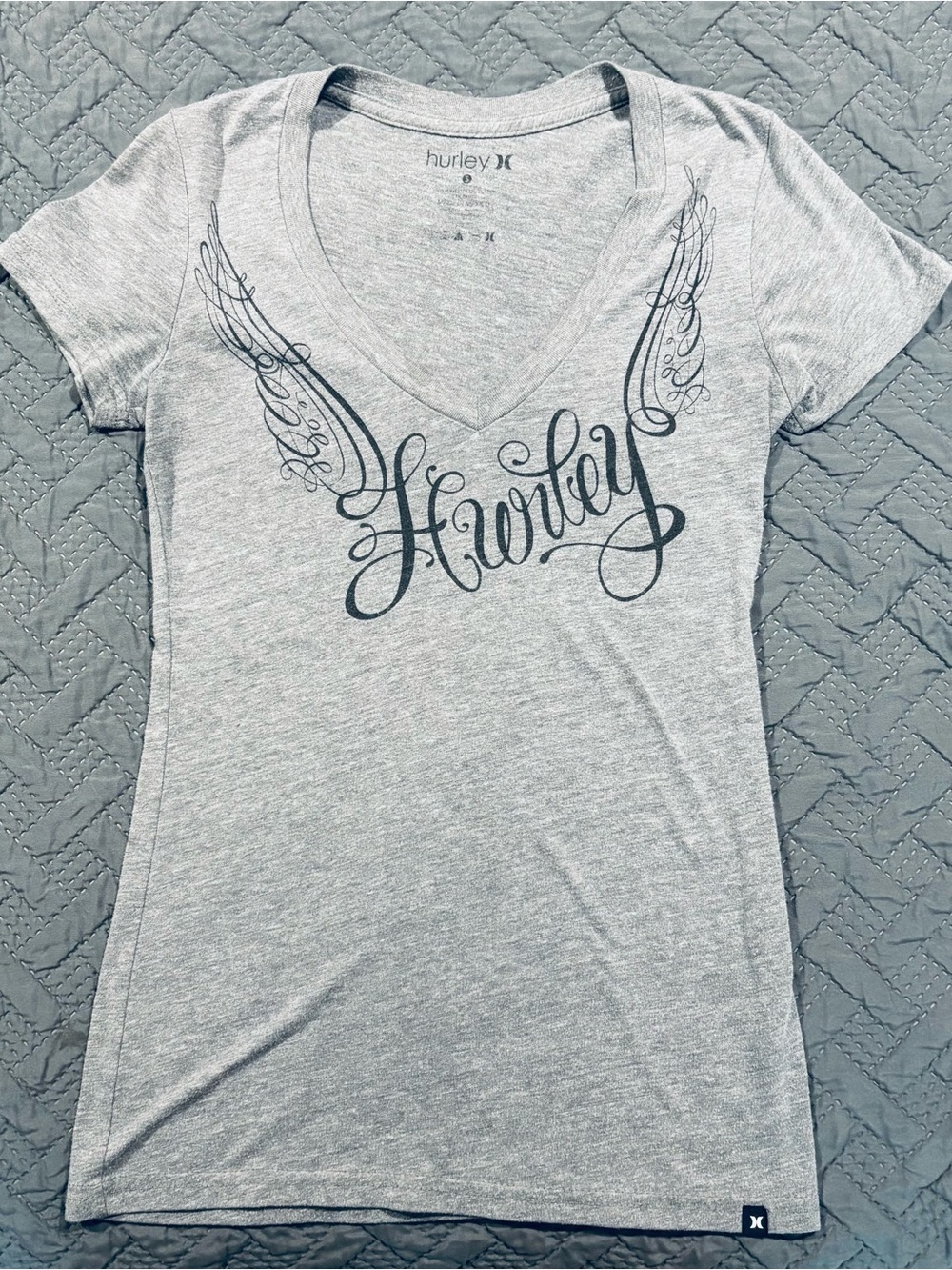 Hurley Women's Grey V-Neck Tee with Script Logo